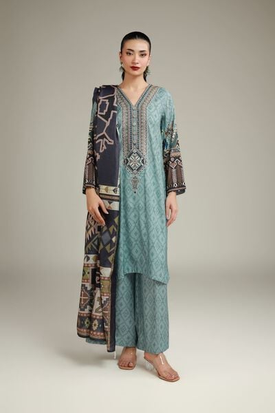 Embroidered | Raw Silk | Relaxed Teal Pants | USD 35.00