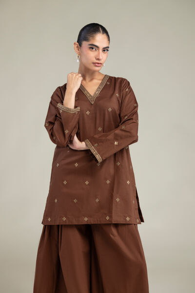 Embroidered | Cambric | Brown V-Neck Kurta | USD 40.00
