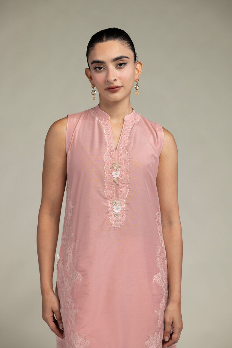 Raw Silk | Sleeveless Pink Kurta | USD 65.00