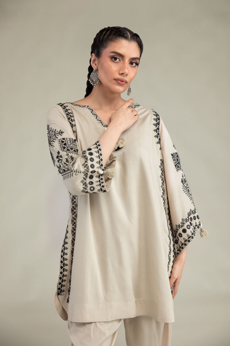 Embroidered | Raw Silk | Short Beige Kurta | USD 60.00