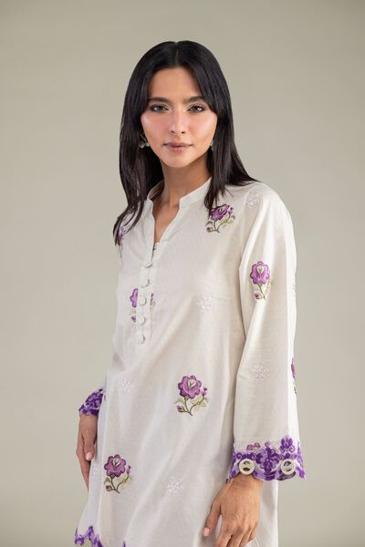 Embroidered | Cotton Dobby | Floral V-Neck Kurta | USD 45.00