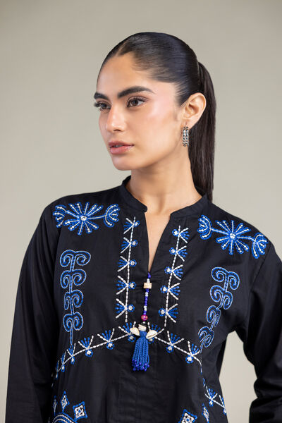Embroidered | Cambric | Black V-neck Tunic | USD 40.00