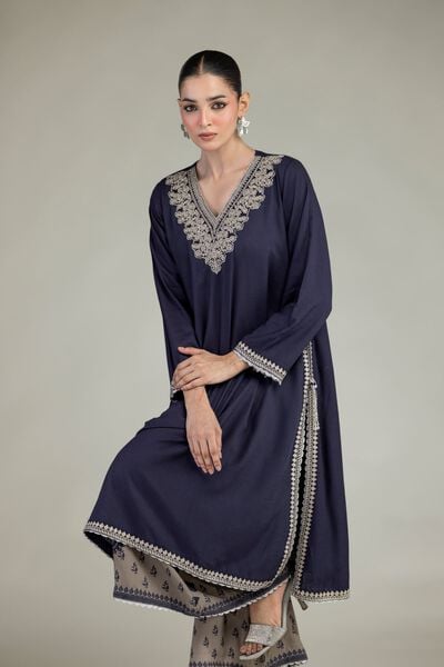 Embroidered | Raw Silk | Navy V-Neck Kurta | USD 60.00