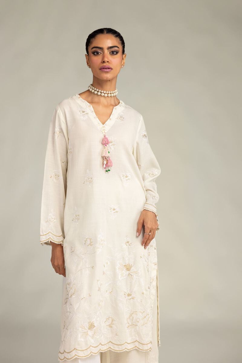 Embroidered | Raw Silk | Floral Longline Kurta | USD 65.00