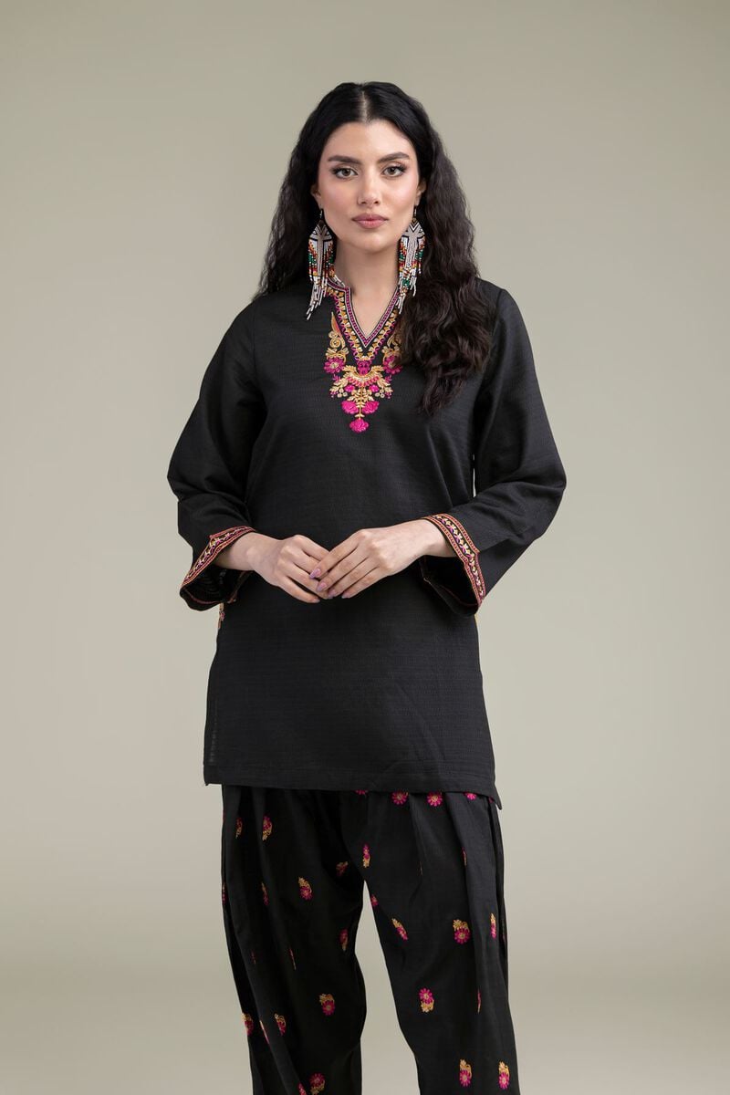 Embroidered | Cotton Dobby | Black V-Neck Kurta | USD 35.00