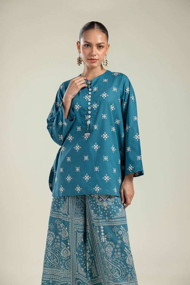 Printed | Cambric | Teal Cambric Kurta | USD 30.00