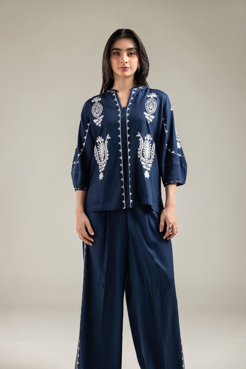 Embroidered | Viscose Crepe | Embroidered Navy Blouse | USD 40.00