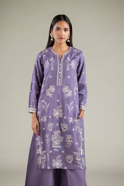 Embroidered | Raw Silk | Floral V-Neck Kurta | USD 55.00
