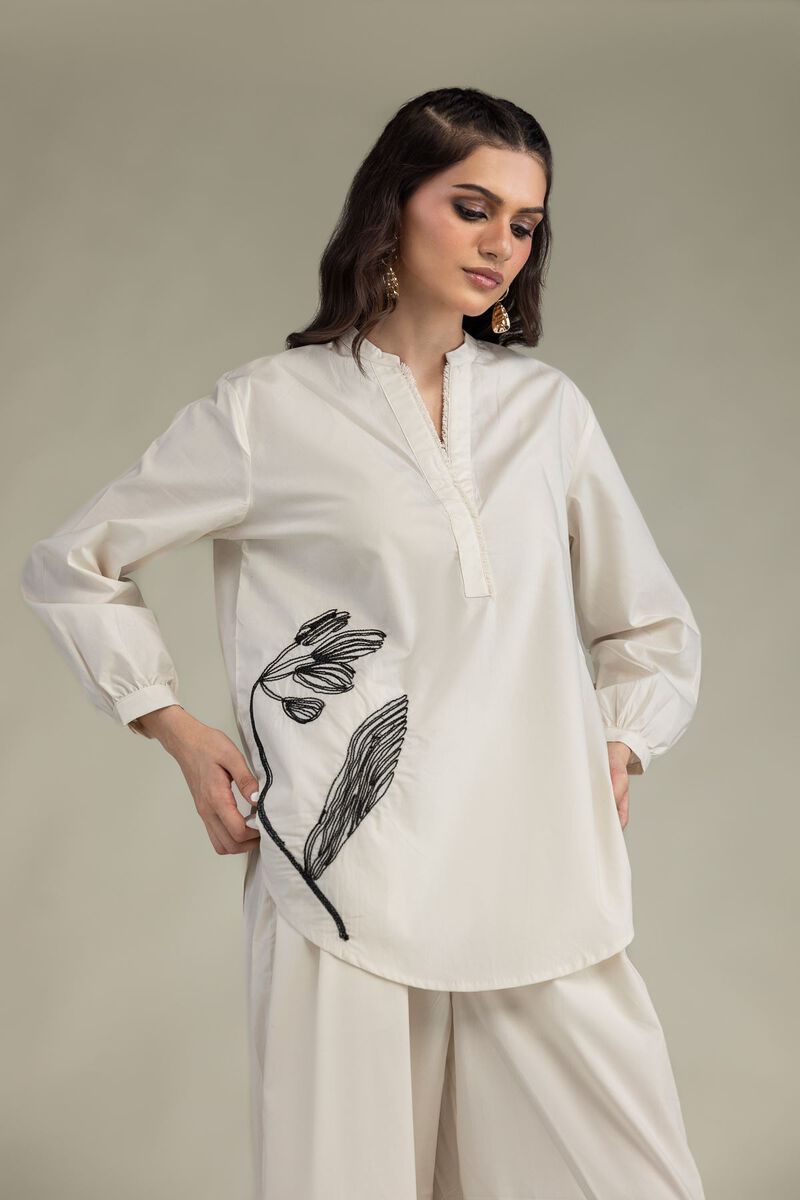Embroidered | Poplin | Floral Band-Collar Shirt | USD 35.00