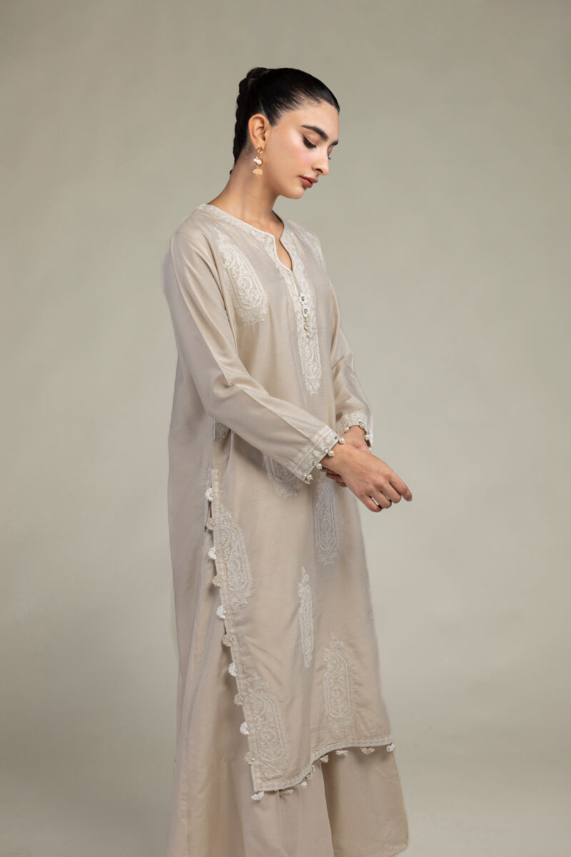 Raw Silk | Paisley Beige  Kurta | USD 70.00