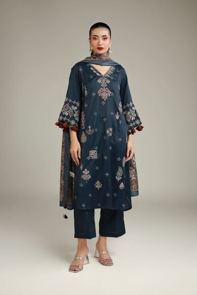 Embroidered | Raw Silk | Silk Navy Pants | USD 35.00