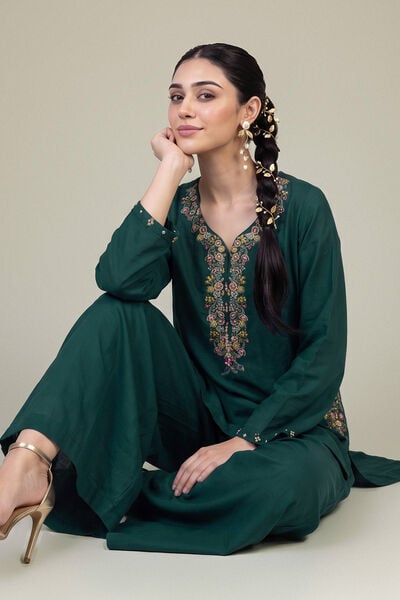 Embroidered | Raw Silk | Floral Green Kurta | USD 45.00