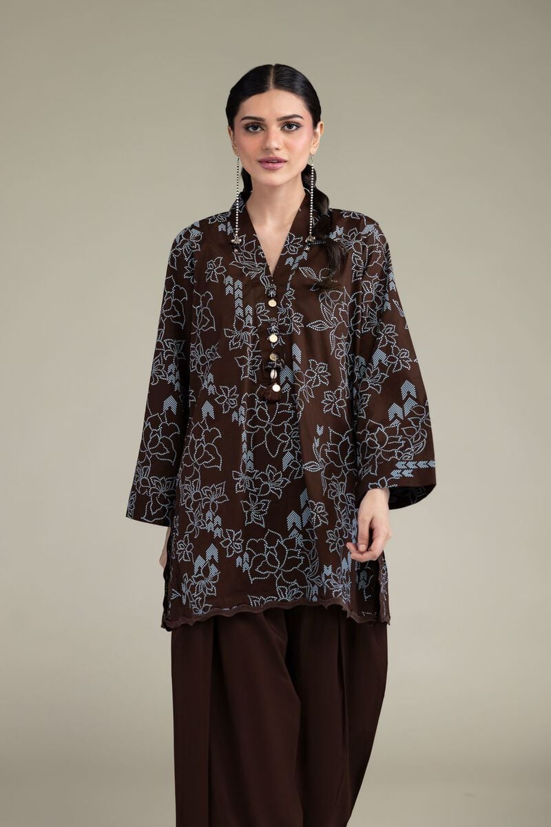 Printed | Cambric | Brown V-Neck Kurta | USD 35.00