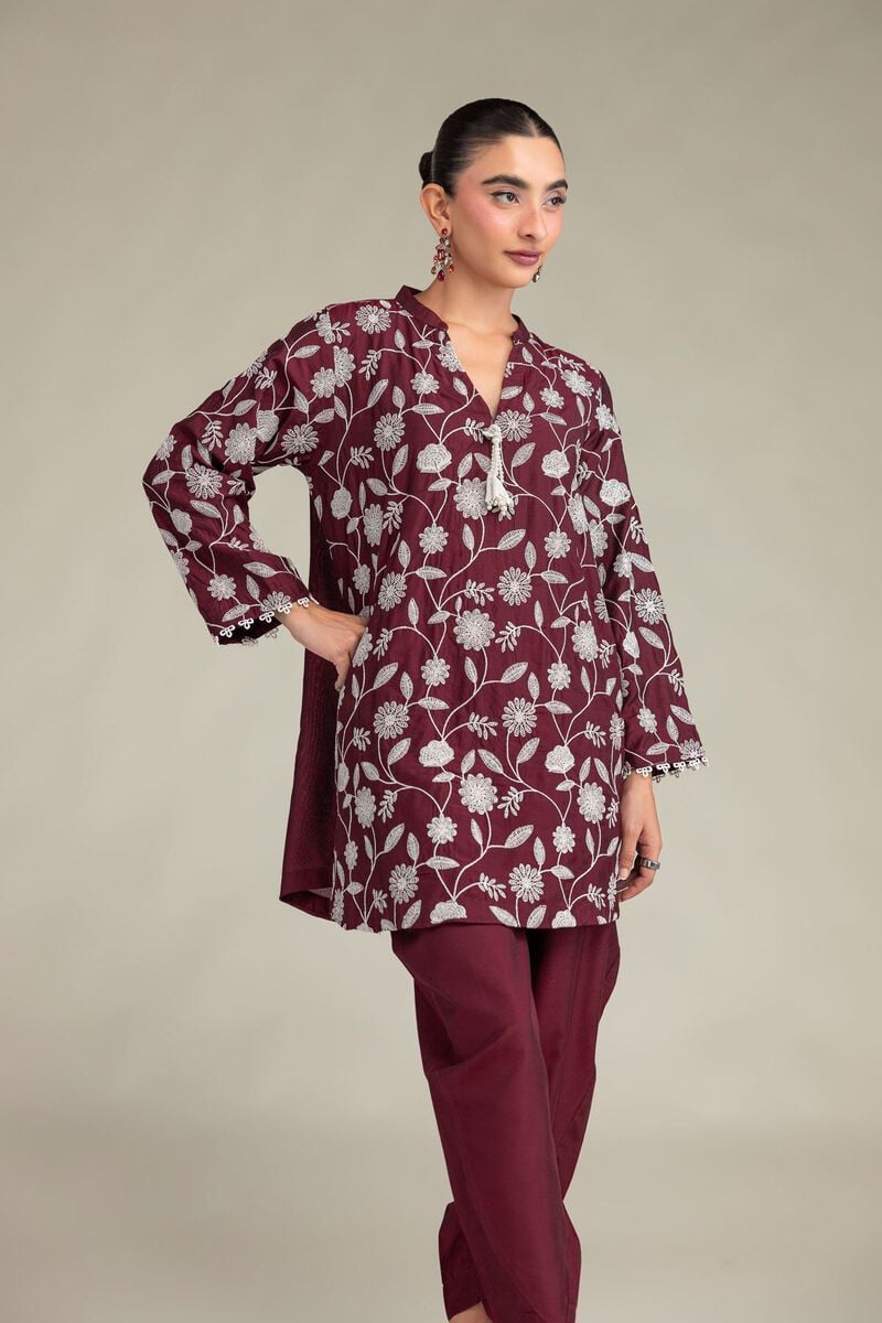 Printed | Raw Silk | Floral Maroon Kurta | USD 55.00