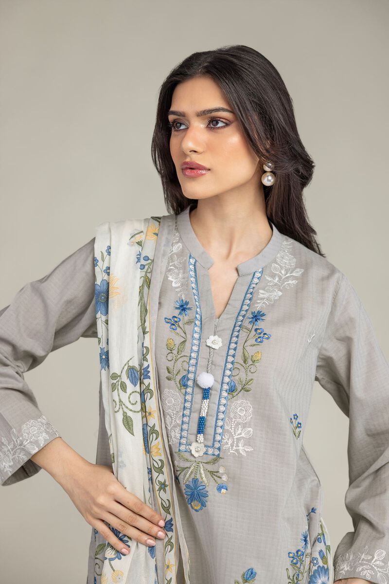 Embroidered | Cotton Net | Gray Floral Dupatta | USD 25.00