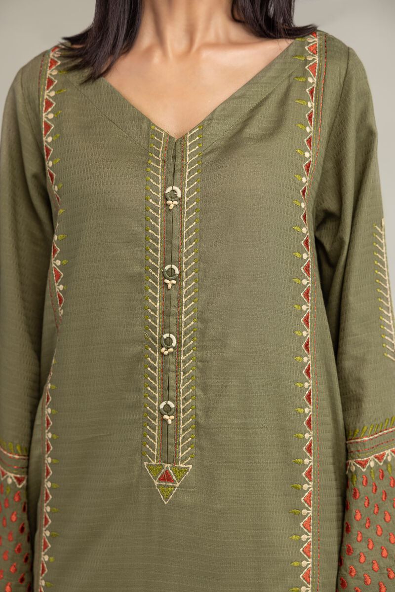 Embroidered | Cotton Dobby | Olive V-Neck Kurta | USD 40.00