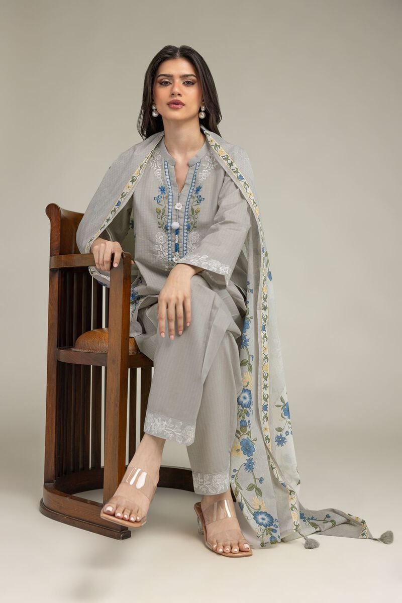 Embroidered | Cotton Net | Gray Floral Dupatta | USD 25.00