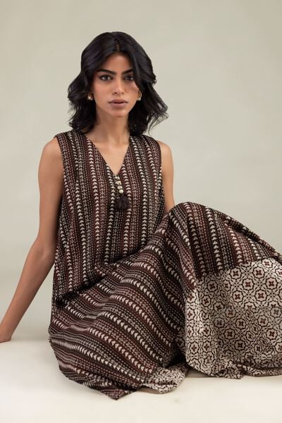 Printed | Cambric | Brown Sleeveless Kurta | USD 35.00