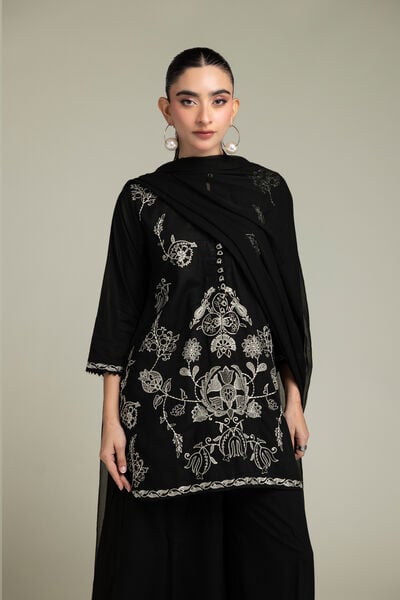 Embroidered | Raw Silk | Black Floral Kurta | USD 55.00