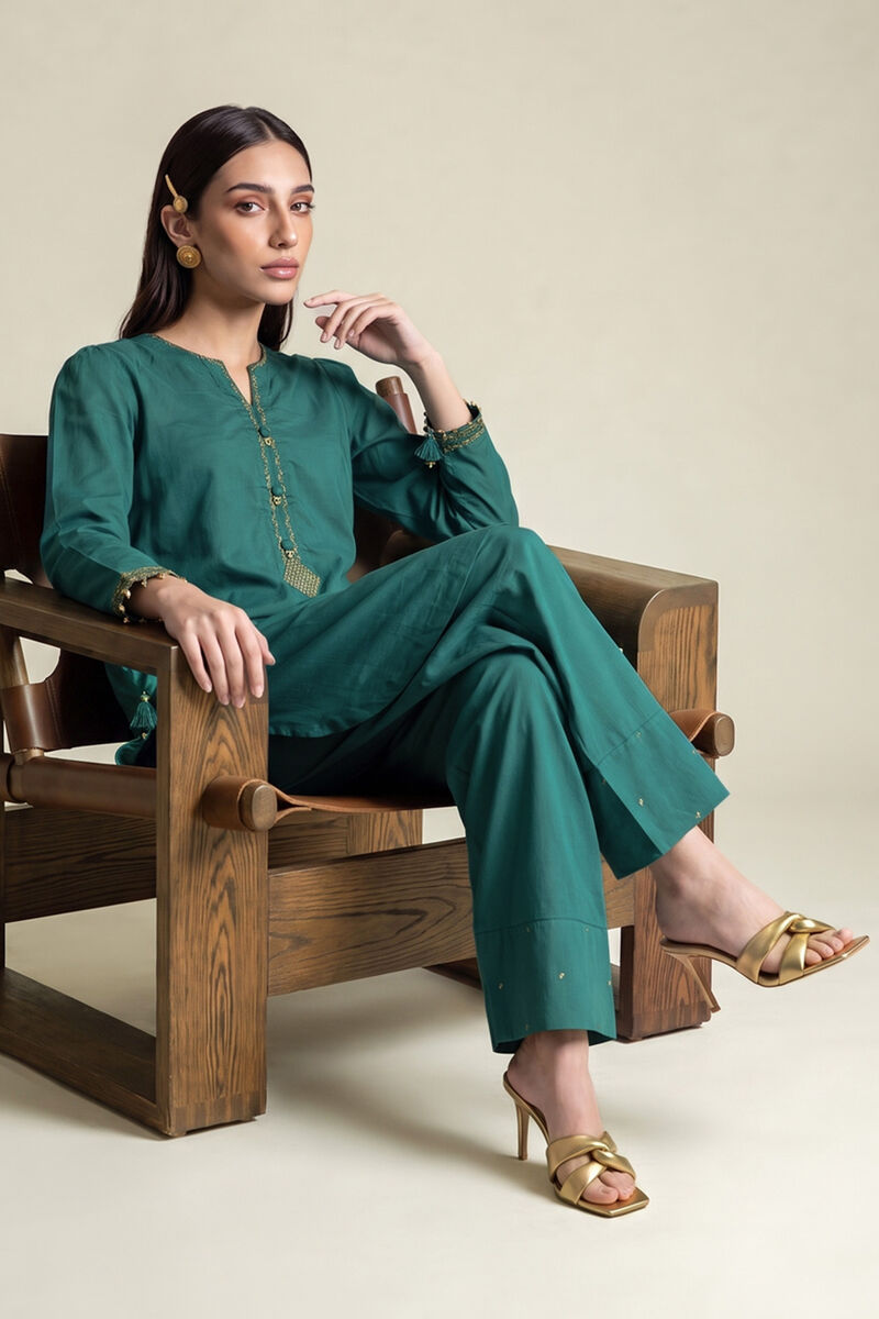 Embroidered | Cambric | Teal Cambric Kurta | USD 40.00