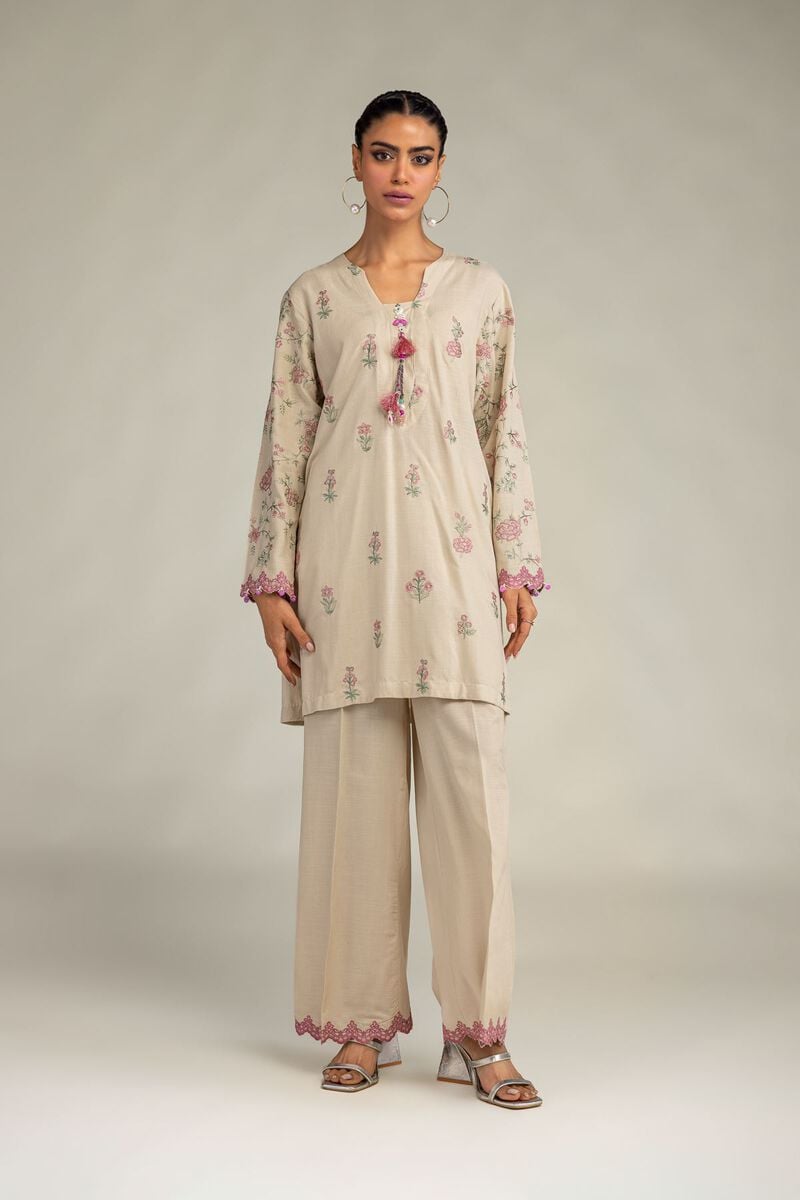 Embroidered | Raw Silk | Floral Beige Kurta | USD 60.00