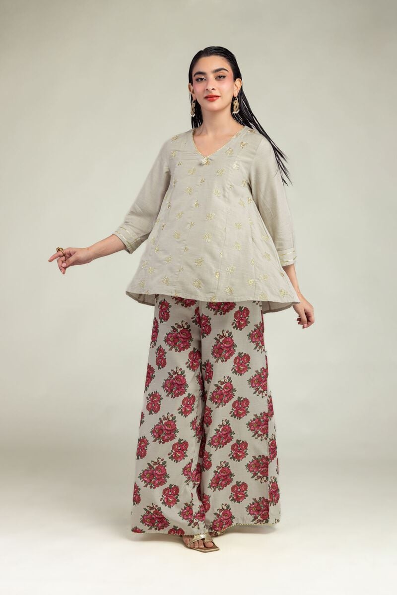 Embroidered | Raw Silk | Beige V-Neck Kurta | USD 40.00