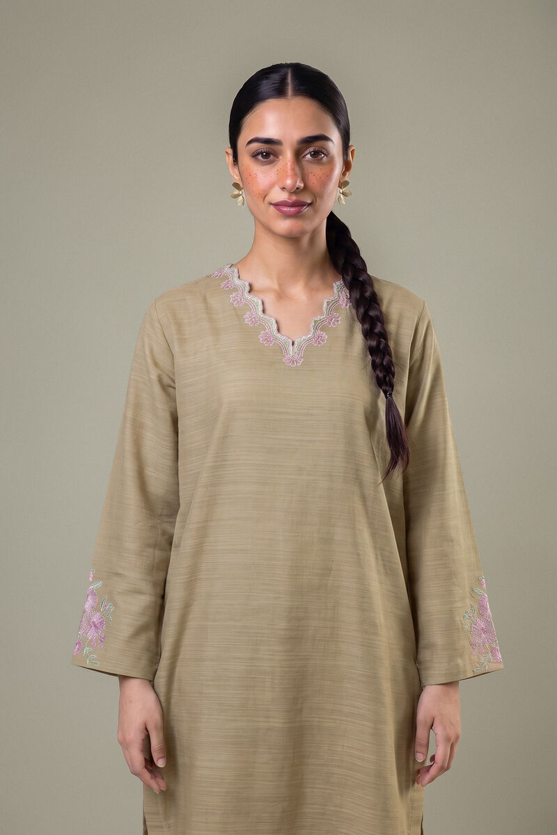 Embroidered | Light Khaddar | Longline Beige Kurta | USD 35.00