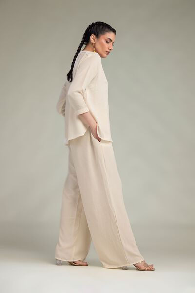 Dyed | Crepe Georgette | Beige Solid Trousers | USD 35.00