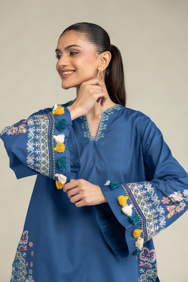 Embroidered | Cambric | Floral Blue Kurta | USD 55.00