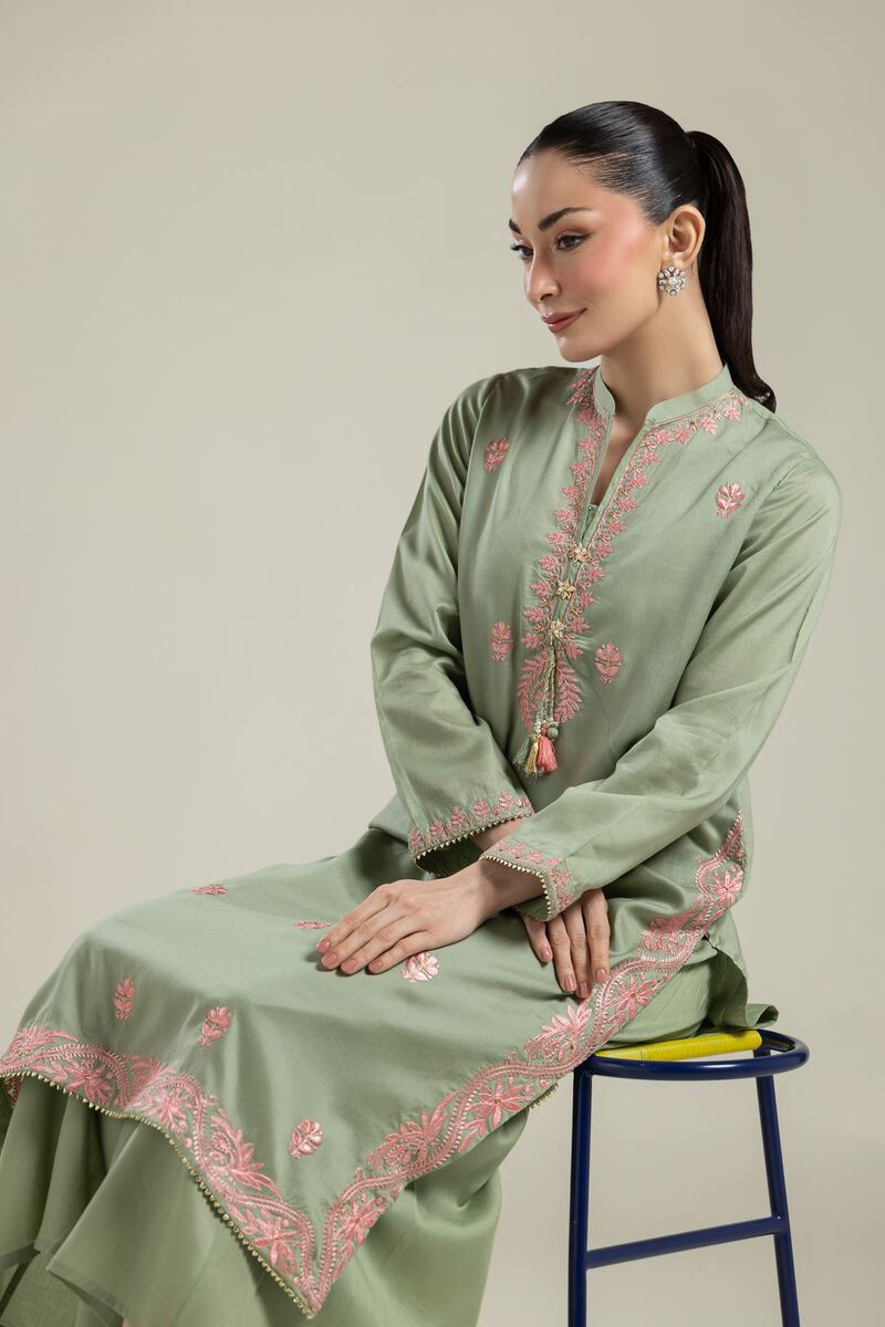 Embroidered | Textured Weave | Long Mint Kurta | USD 40.00