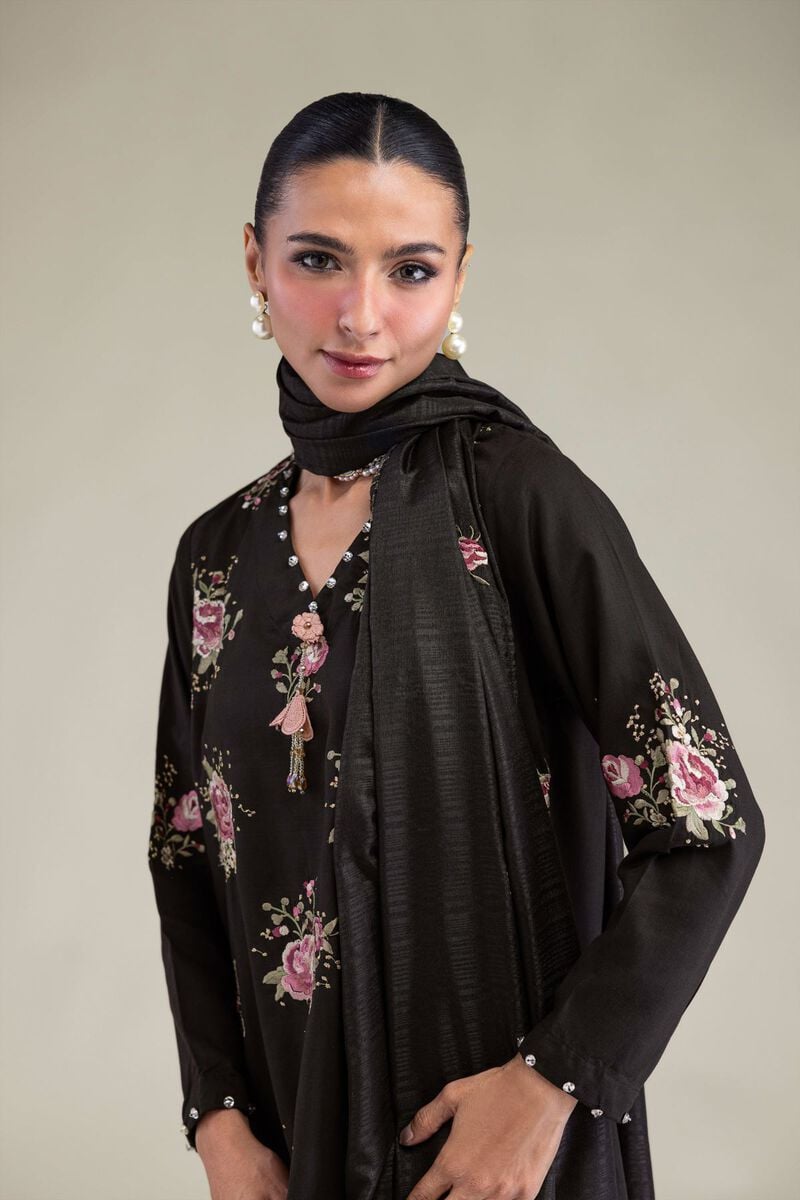 Embroidered | Polyester Silk | Black Floral Dupatta | USD 35.00