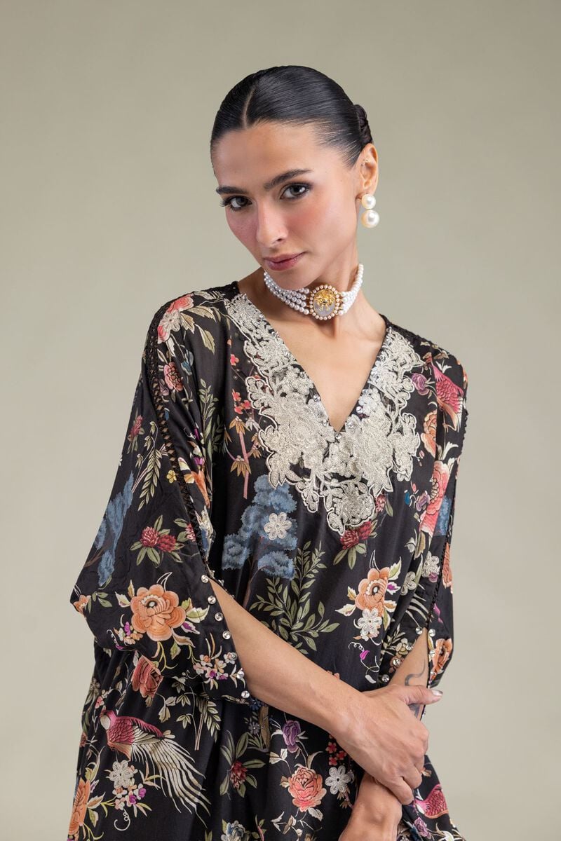 Embroidered | Raw Silk | Black V-Neck Kurta | USD 45.00