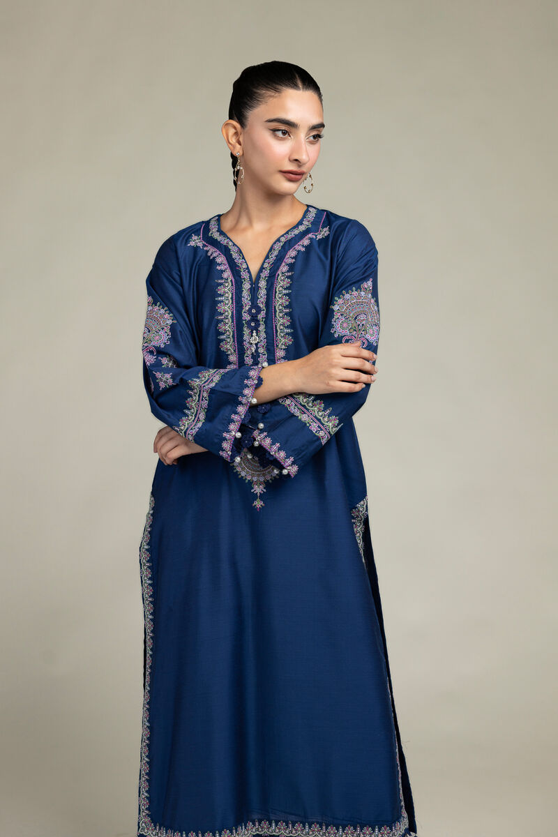 Raw Silk | Navy Longline Kurta | USD 60.00
