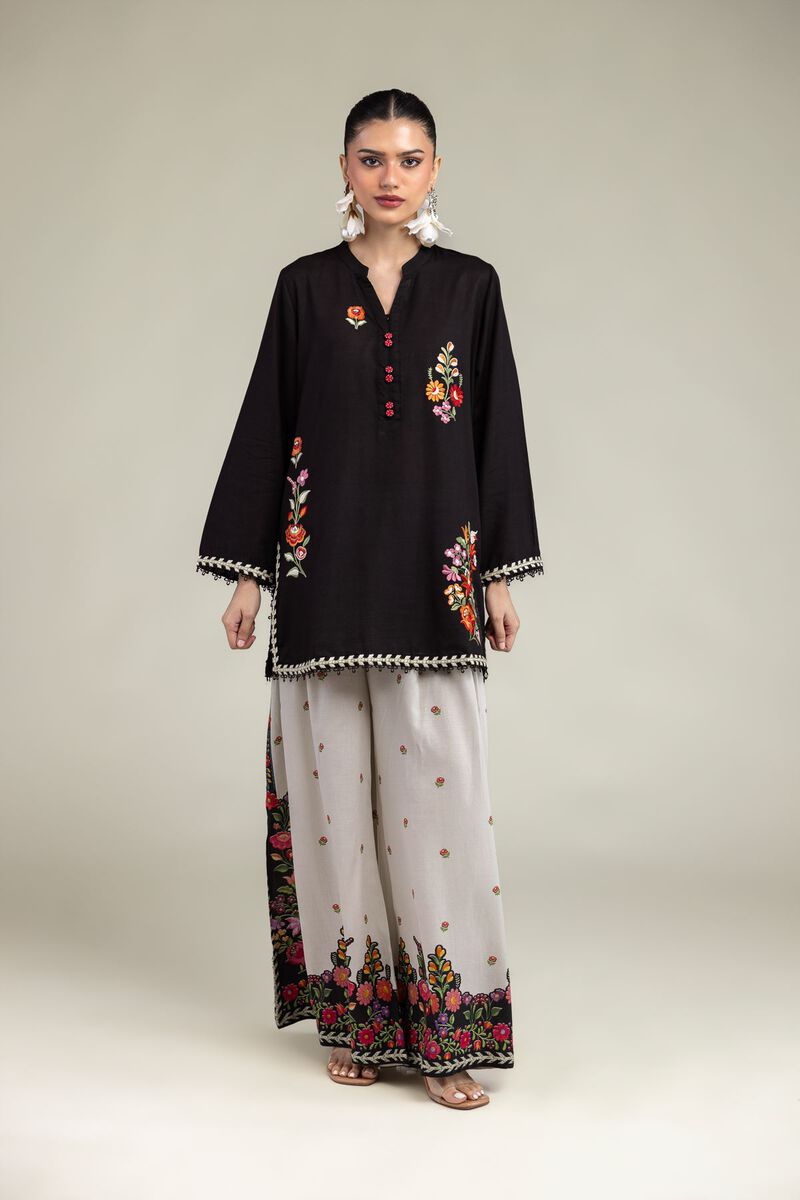 Embroidered | Raw Silk | Black Floral Kurta | USD 40.00