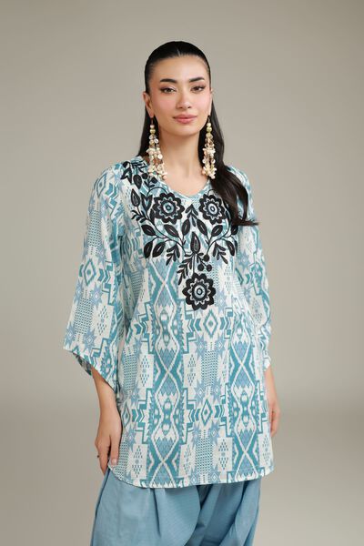 Embroidered | Cotton Dobby | Geometric V-Neck Kurta | USD 30.00