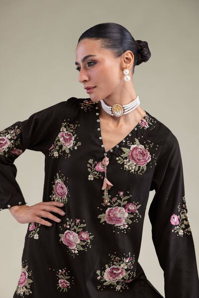 Embroidered | Raw Silk | Black Floral Kurta | USD 27.50