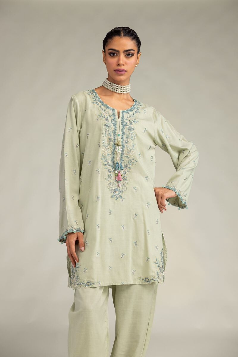 Embroidered | Raw Silk | Floral Mint Kurta | USD 60.00
