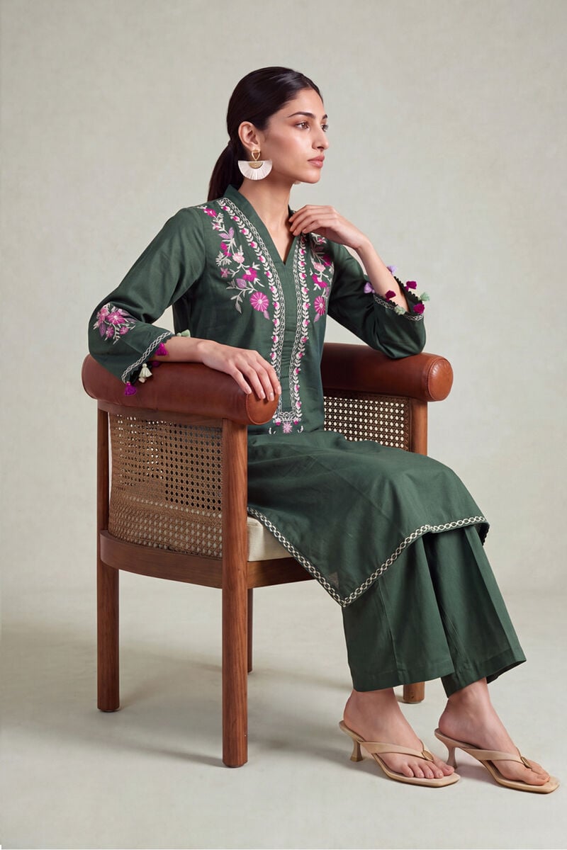 Embroidered | Cambric | Long Green Kurta | USD 45.00