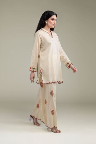 Embroidered | Cotton Dobby | Beige Cotton Pants | USD 40.00