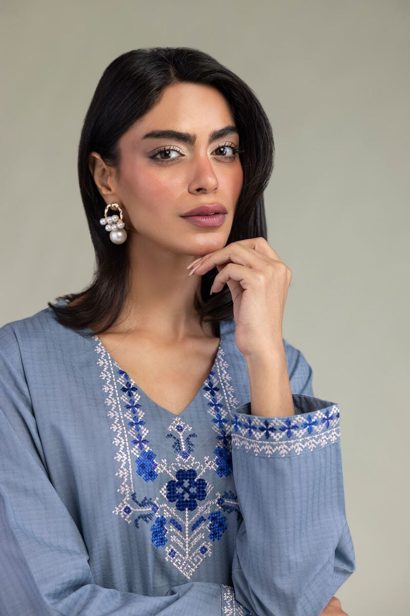 Embroidered | Cotton Dobby | Blue V-Neck Kurta | USD 35.00
