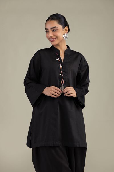 Dyed | Textured Cotton | V-Neck Black Kurta | USD 35.00