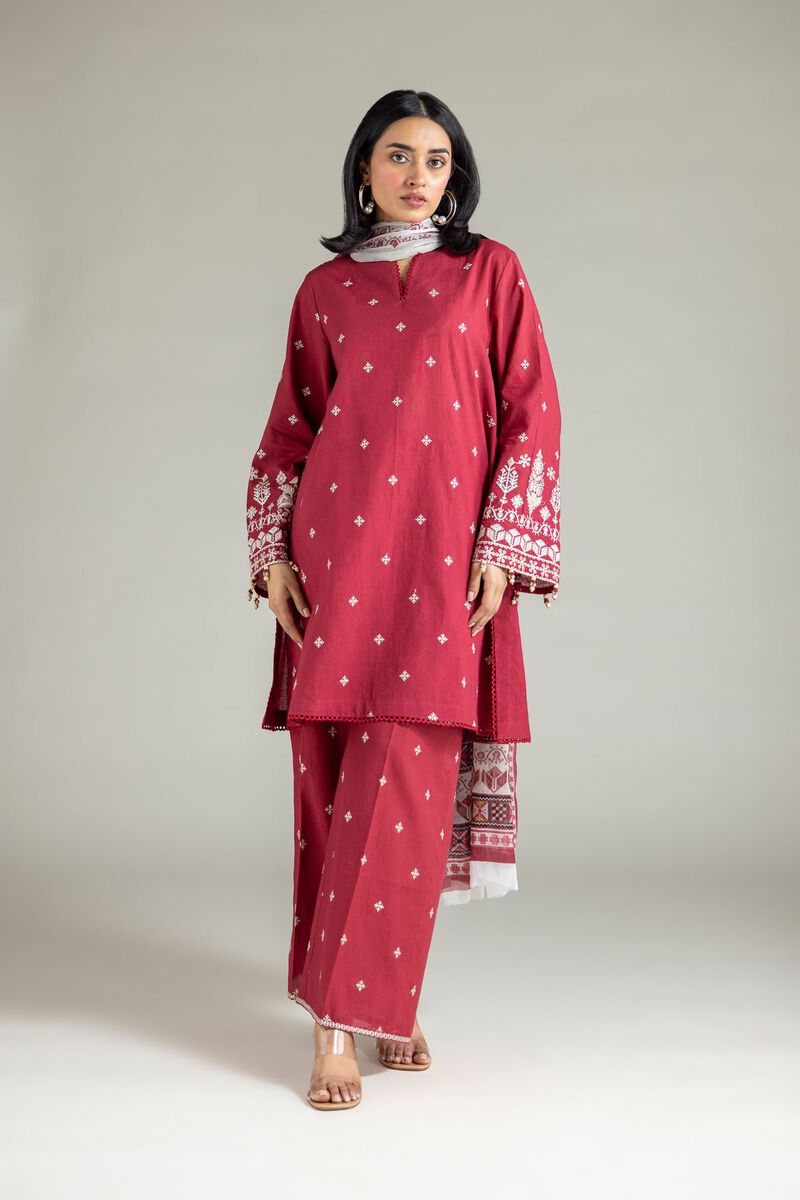 Embroidered | Cambric | Red Tailored Set | USD 70.00