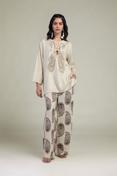Embroidered | Viscose Crepe | Paisley Viscose Trousers | USD 35.00