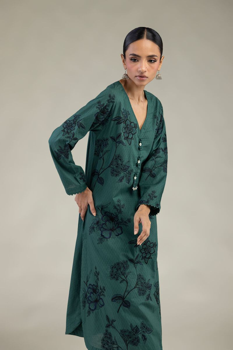 Embroidered | Cotton Dobby | Green Longline Kurta | USD 60.00