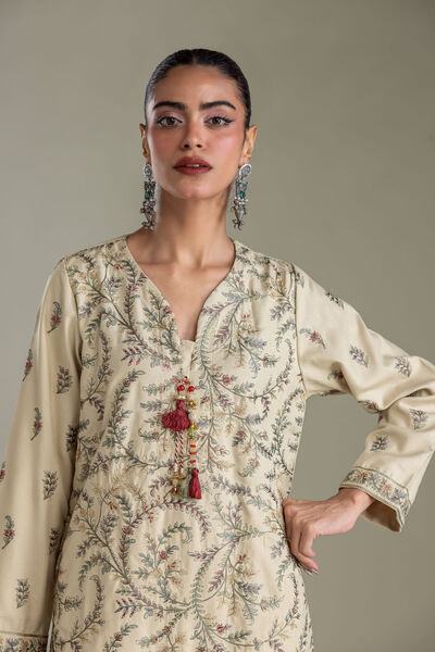 Embroidered | Heavy Blended Viscose | Long Beige Kurta | USD 65.00