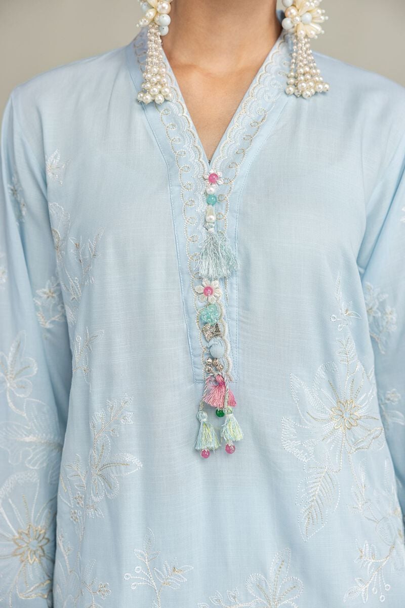 Embroidered | Raw Silk | Blue Floral Kurta | USD 60.00
