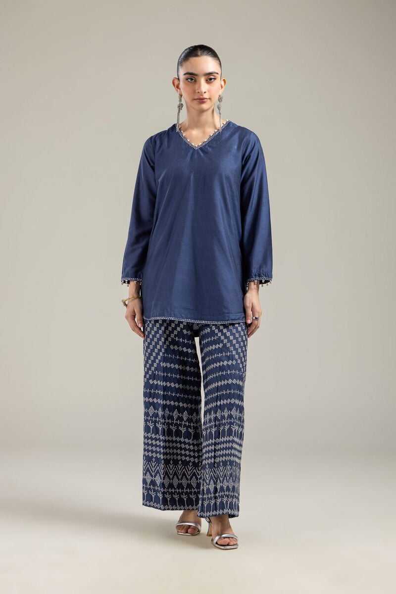 Raw Silk | Navy V-Neck Kurta | USD 40.00