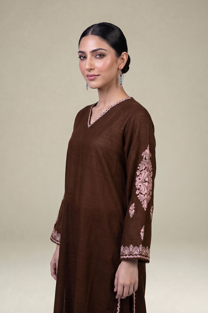 Embroidered | Light Khaddar | Brown V-neck Kurta | USD 45.00