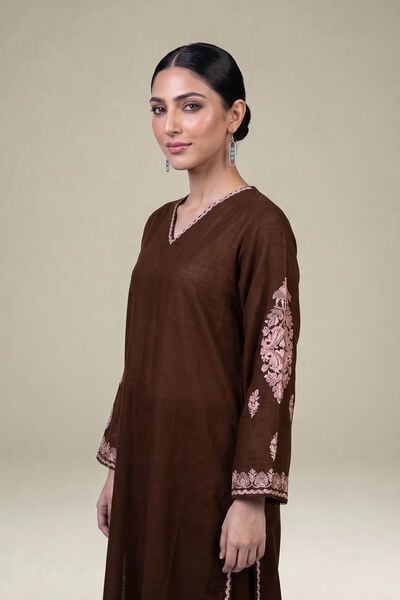 Embroidered | Light Khaddar | Brown V-neck Kurta | USD 45.00