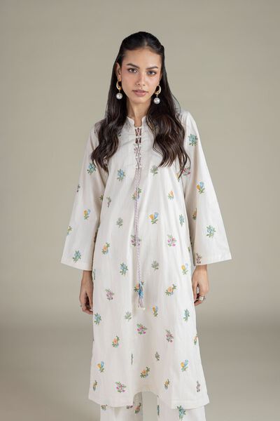 Embroidered | Textured Cambric | Floral Threadwork Kurta | USD 40.00